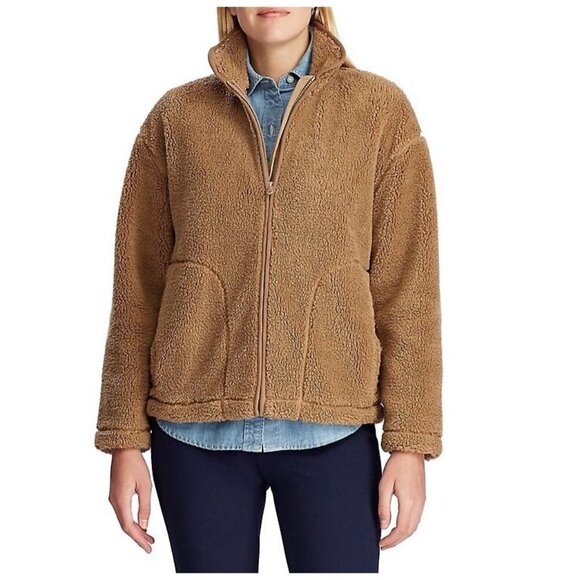 Chaps Faux Shearling Zip-Front Sweater X-large Posh Camel - Picture 1 of 4